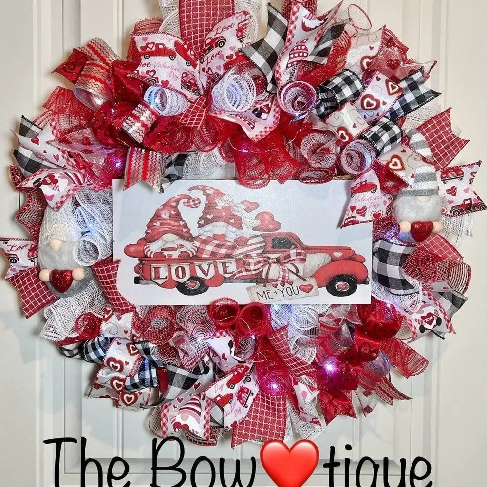 Handmade Valentine’s Gnome LOVE Truck Ribbon Prelit Wreath 22 ins LED W15
